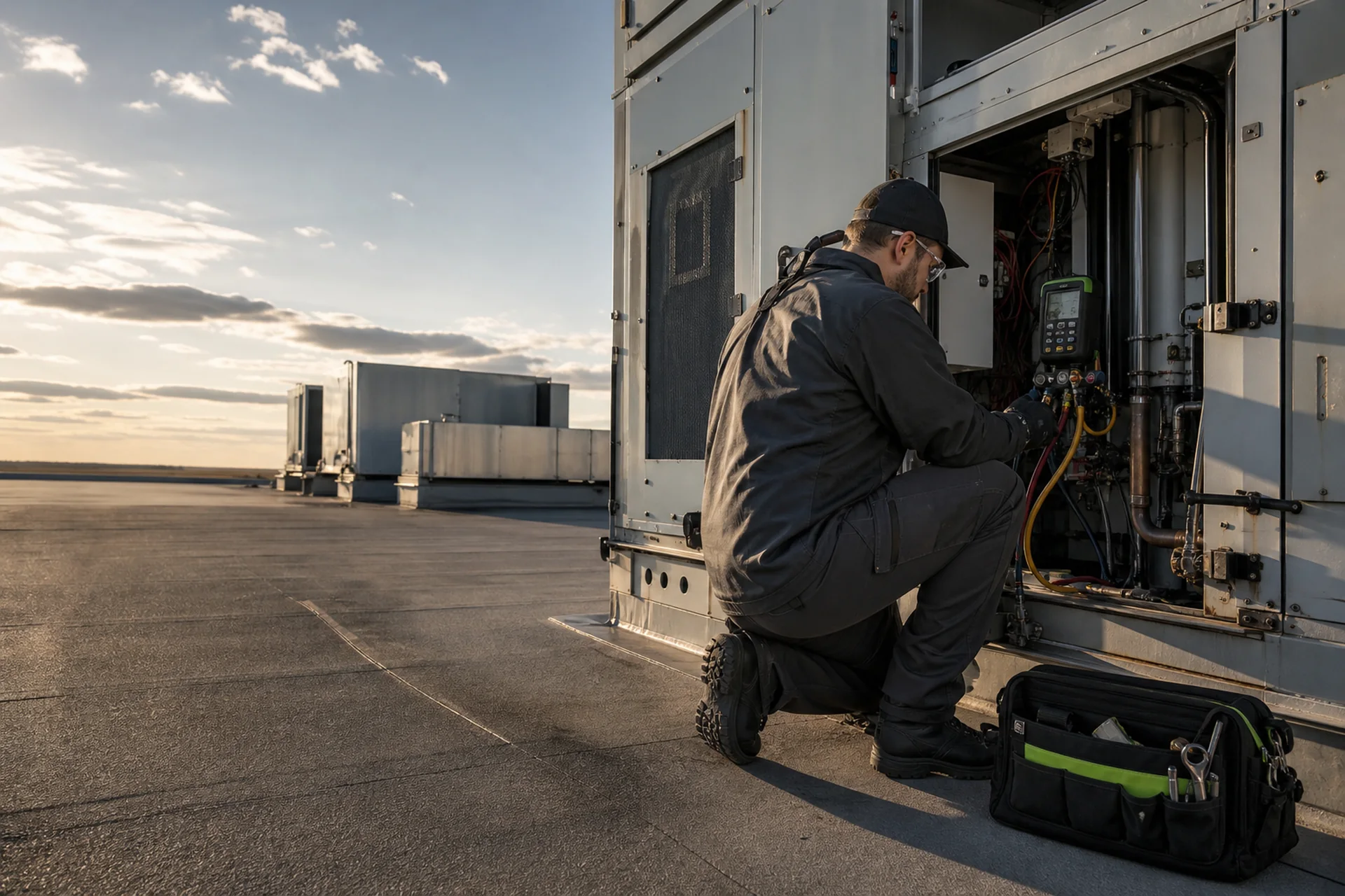Commercial HVAC technician diagnosing a rooftop air-handling unit